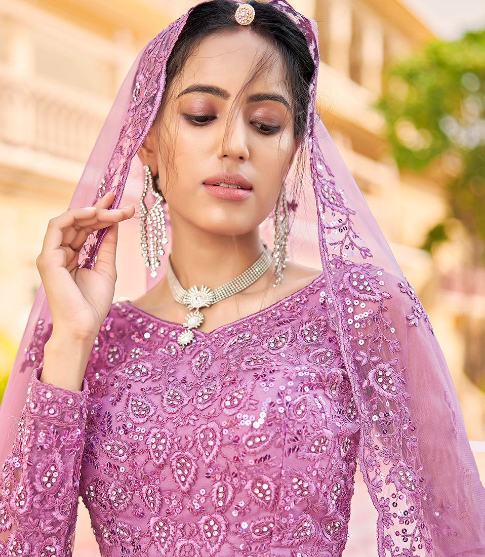 Monjolika Fashion Pink Color Net Zarkhan Work Heavy Lehenga Choli | Grocsy