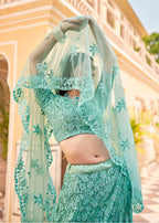 Monjolika Fashion Sky blue Color Net Zarkhan Work Heavy Lehenga Choli | Grocsy
