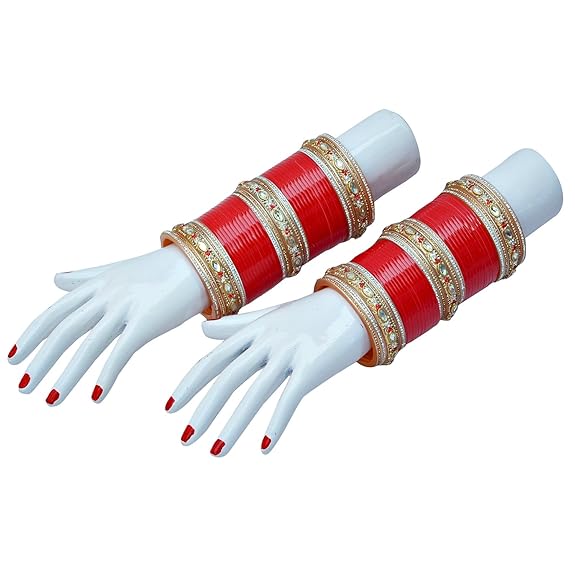 Tehzeeb Creations Bridal Bangle Set Red Golden & White Stone Chura Designer Fashion Choora Punjabi Chuda Set | Grocsy