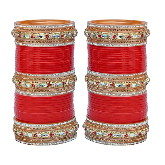 Tehzeeb Creations Bridal Bangle Set Red Golden & White Stone Chura Designer Fashion Choora Punjabi Chuda Set | Grocsy