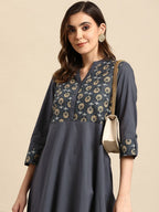 All About You Women Motifs Yoke Design A-Line Kurta with Trousers | Grocsy