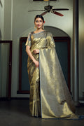 Vardha Platinumm Grey Zari Work Kanjeevaram Silk Saree | Grocsy