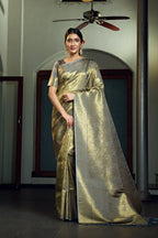 Vardha Platinumm Grey Zari Work Kanjeevaram Silk Saree | Grocsy