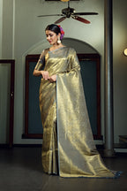 Vardha Platinumm Grey Zari Work Kanjeevaram Silk Saree | Grocsy