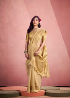 Anaita Beige Silk Tissue Zari Weaving Work Saree With Blouse Piece | Grocsy