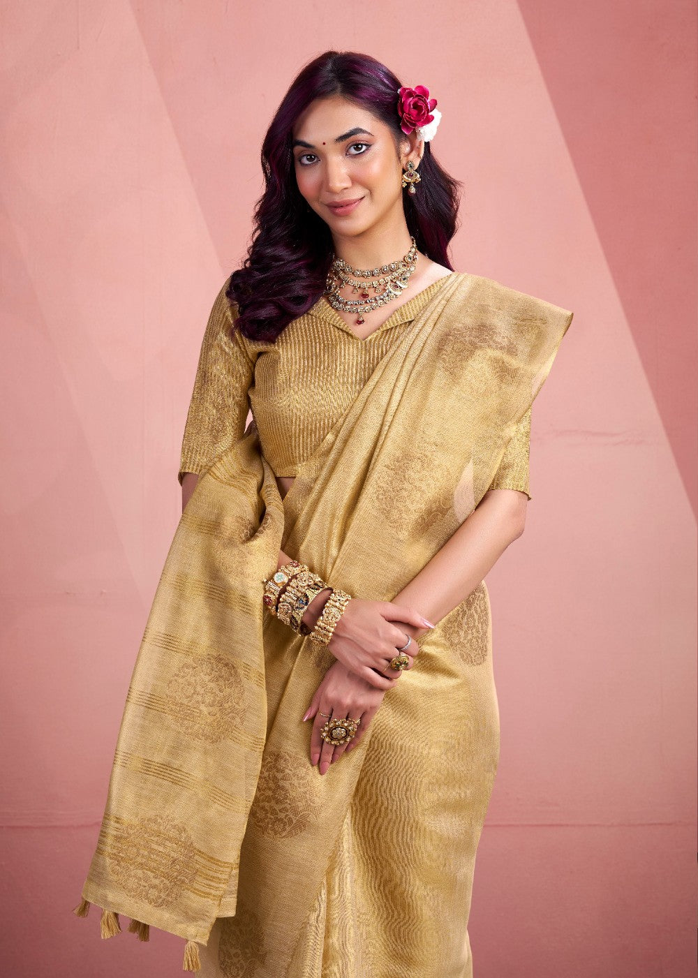 Anaita Beige Silk Tissue Zari Weaving Work Saree With Blouse Piece | Grocsy
