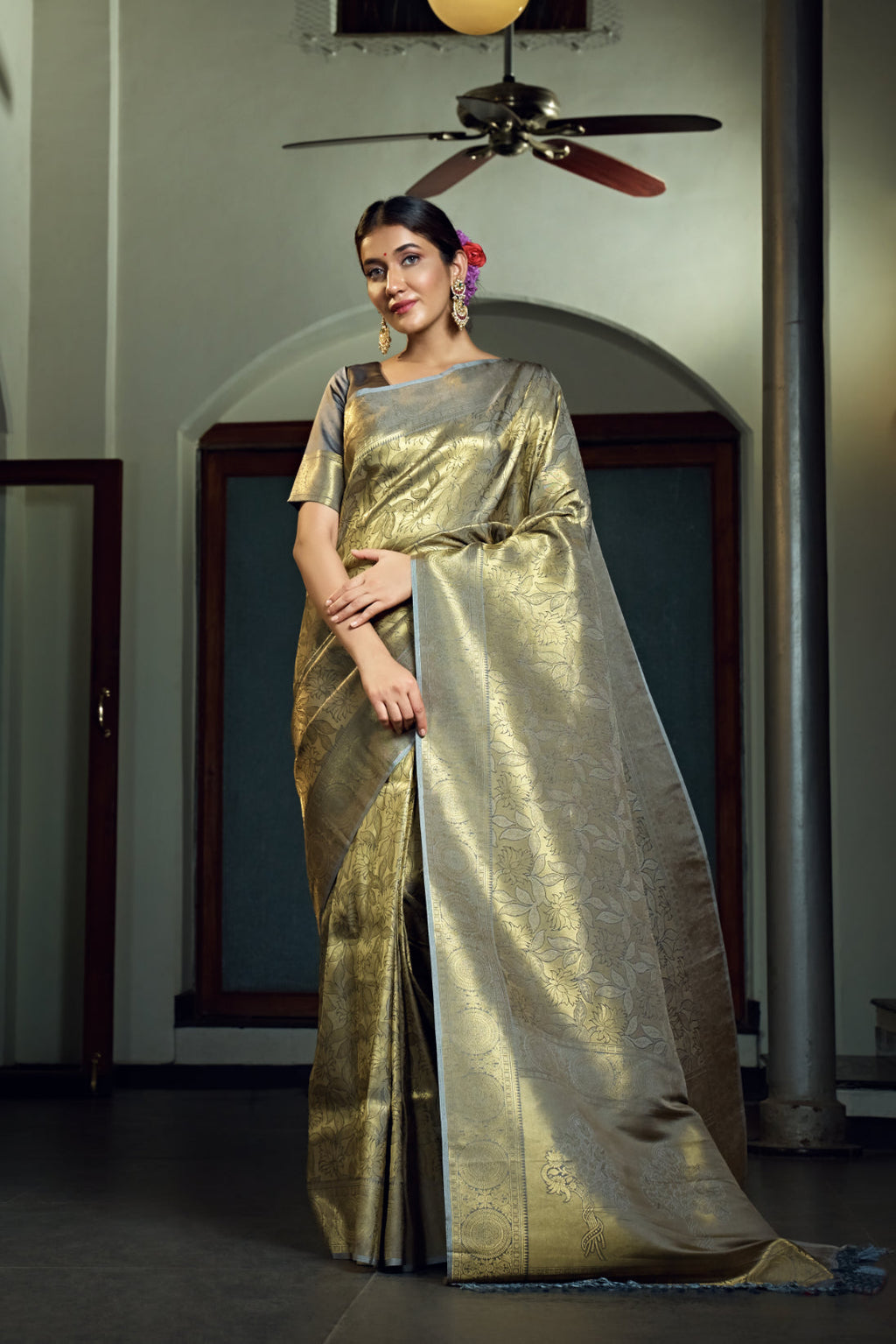 Vardha Platinumm Grey Zari Work Kanjeevaram Silk Saree | Grocsy