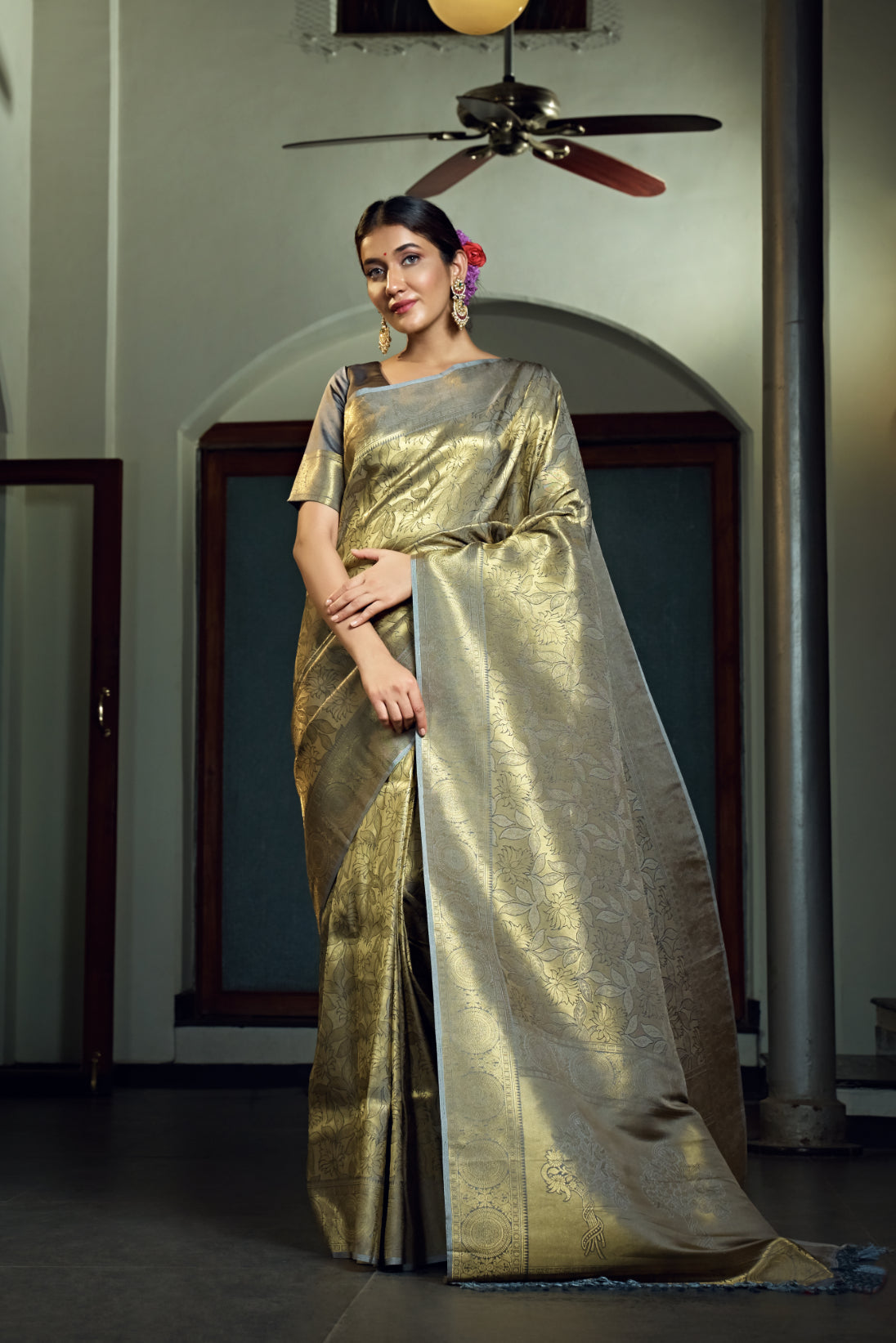 Vardha Platinumm Grey Zari Work Kanjeevaram Silk Saree | Grocsy