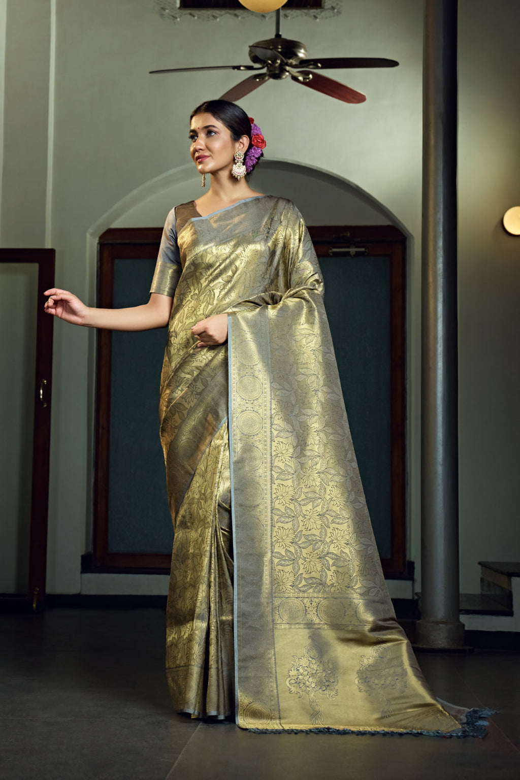 Vardha Platinumm Grey Zari Work Kanjeevaram Silk Saree | Grocsy