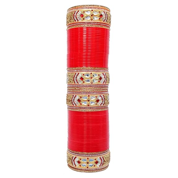 Tehzeeb Creations Bridal Bangle Set Designer Golden White & Red Stone Chuda Dulhan Wedding Choora Fashion Chura For Women | Grocsy