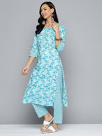 HERE&NOW Women Blue Floral Printed Regular Pure Cotton Kurta with Trousers & With Dupatta | Grocsy