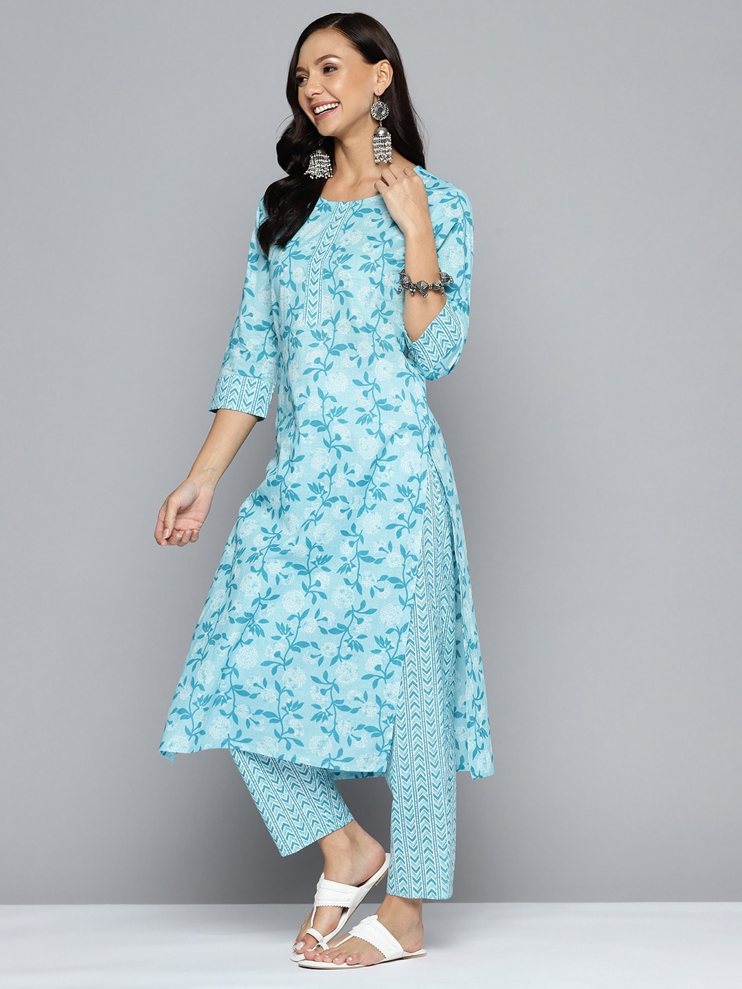 HERE&NOW Women Blue Floral Printed Regular Pure Cotton Kurta with Trousers & With Dupatta | Grocsy