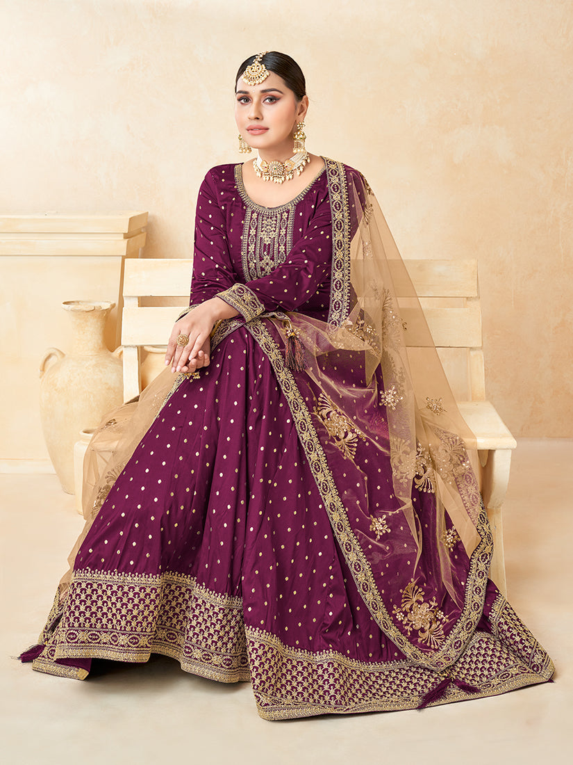 Monjolika Fashion Purple Color Taffeta Silk Embroidered Anarkali Suit | Grocsy