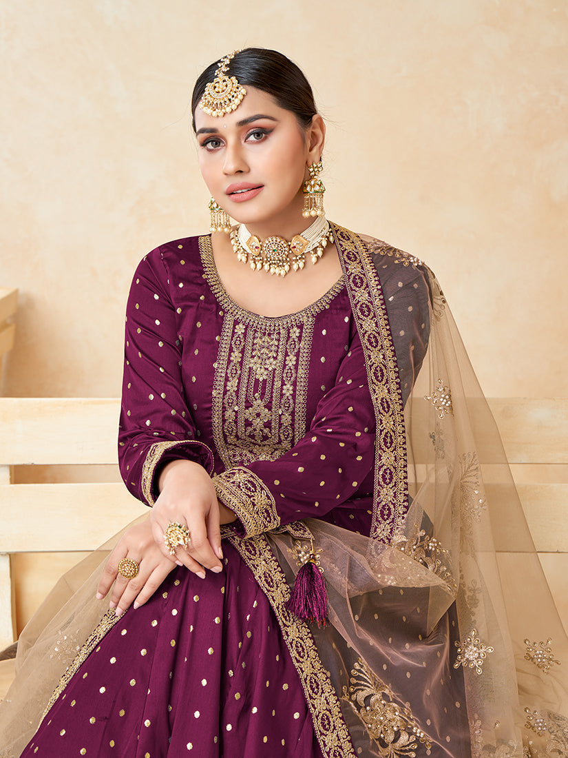 Monjolika Fashion Purple Color Taffeta Silk Embroidered Anarkali Suit | Grocsy