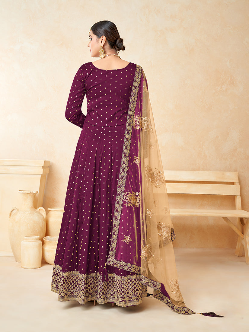 Monjolika Fashion Purple Color Taffeta Silk Embroidered Anarkali Suit | Grocsy