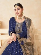 Monjolika Fashion Navy Blue Color Taffeta Silk Embroidered Anarkali Suit | Grocsy