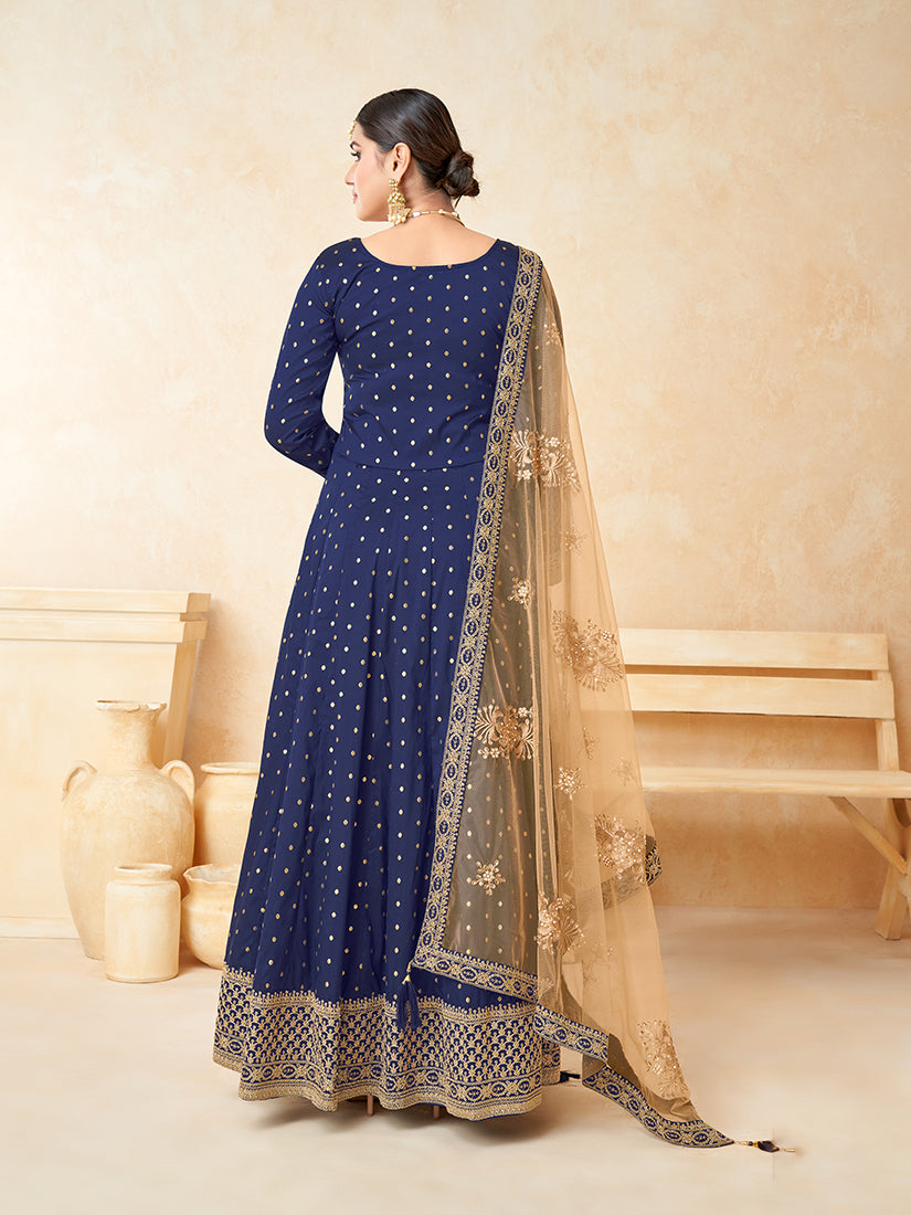 Monjolika Fashion Navy Blue Color Taffeta Silk Embroidered Anarkali Suit | Grocsy