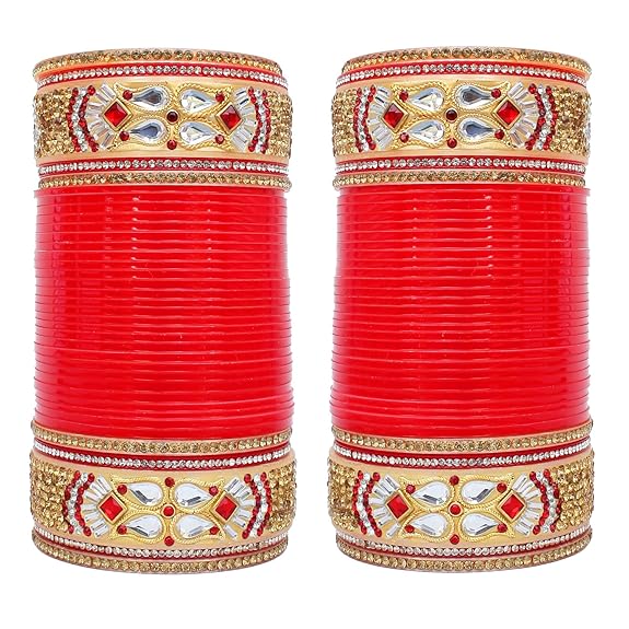 Tehzeeb Creations Bridal Bangle Set Designer Golden White & Red Stone Chuda Dulhan Wedding Choora Fashion Chura For Women | Grocsy