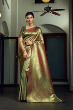 Vardha Olive Green Zari Work Kanjeevaram Silk Saree | Grocsy