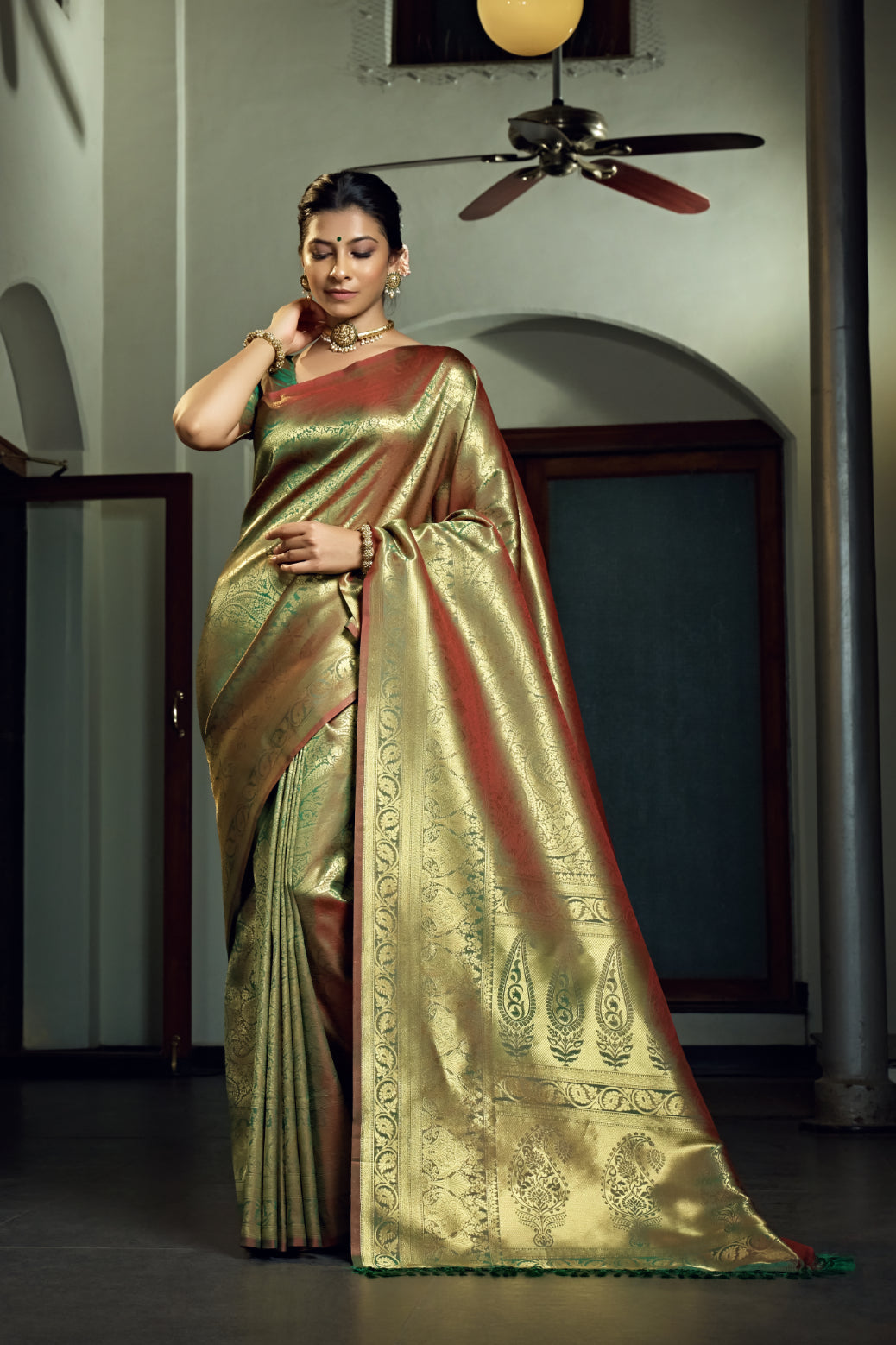Vardha Olive Green Zari Work Kanjeevaram Silk Saree | Grocsy