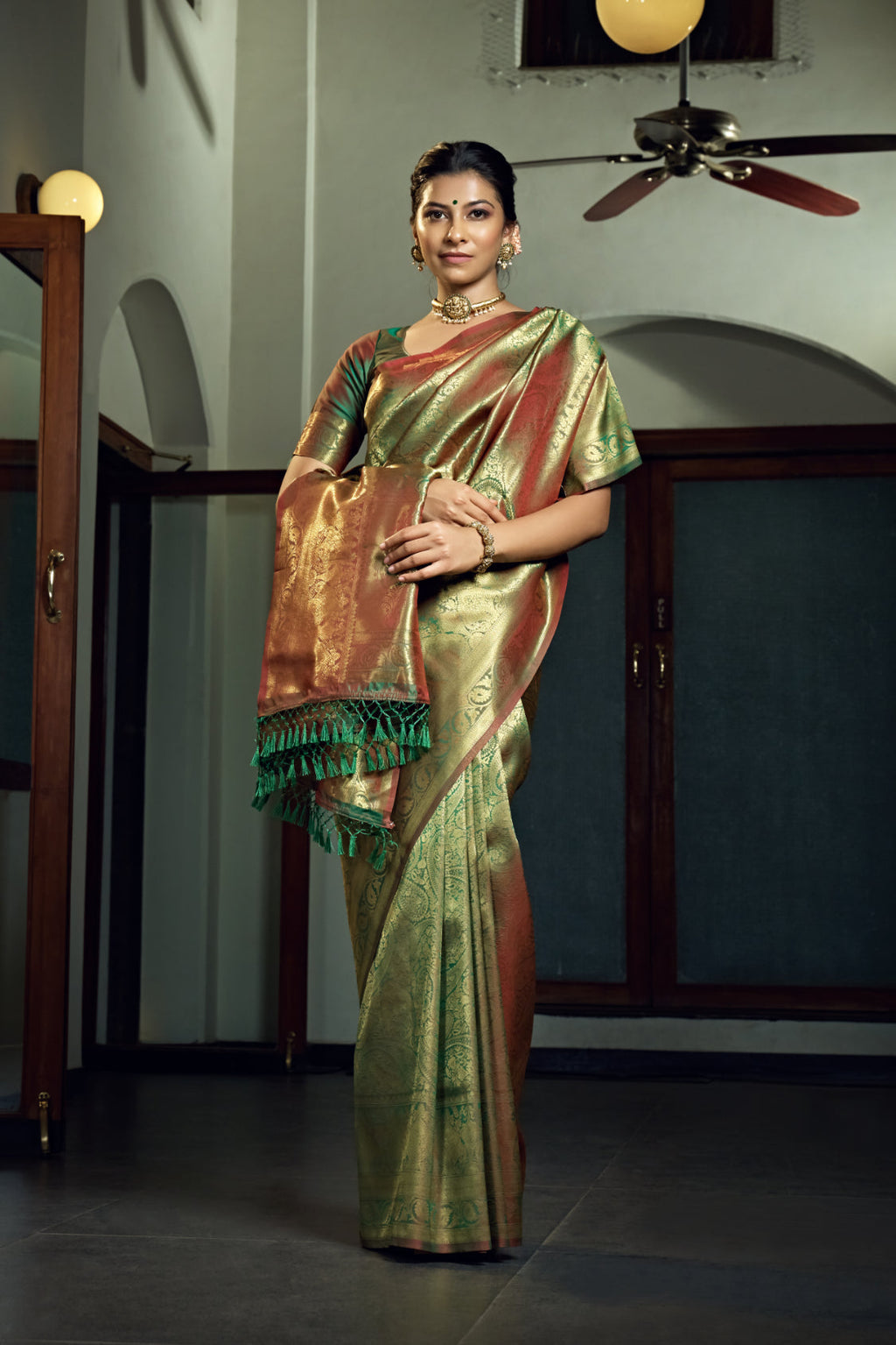 Vardha Olive Green Zari Work Kanjeevaram Silk Saree | Grocsy