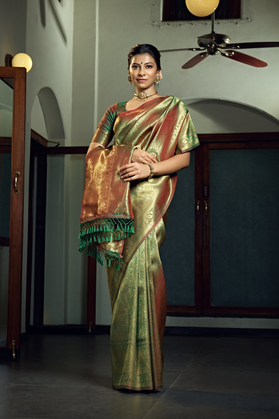 Vardha Olive Green Zari Work Kanjeevaram Silk Saree | Grocsy
