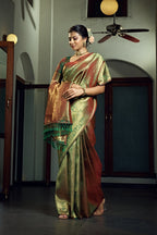 Vardha Olive Green Zari Work Kanjeevaram Silk Saree | Grocsy