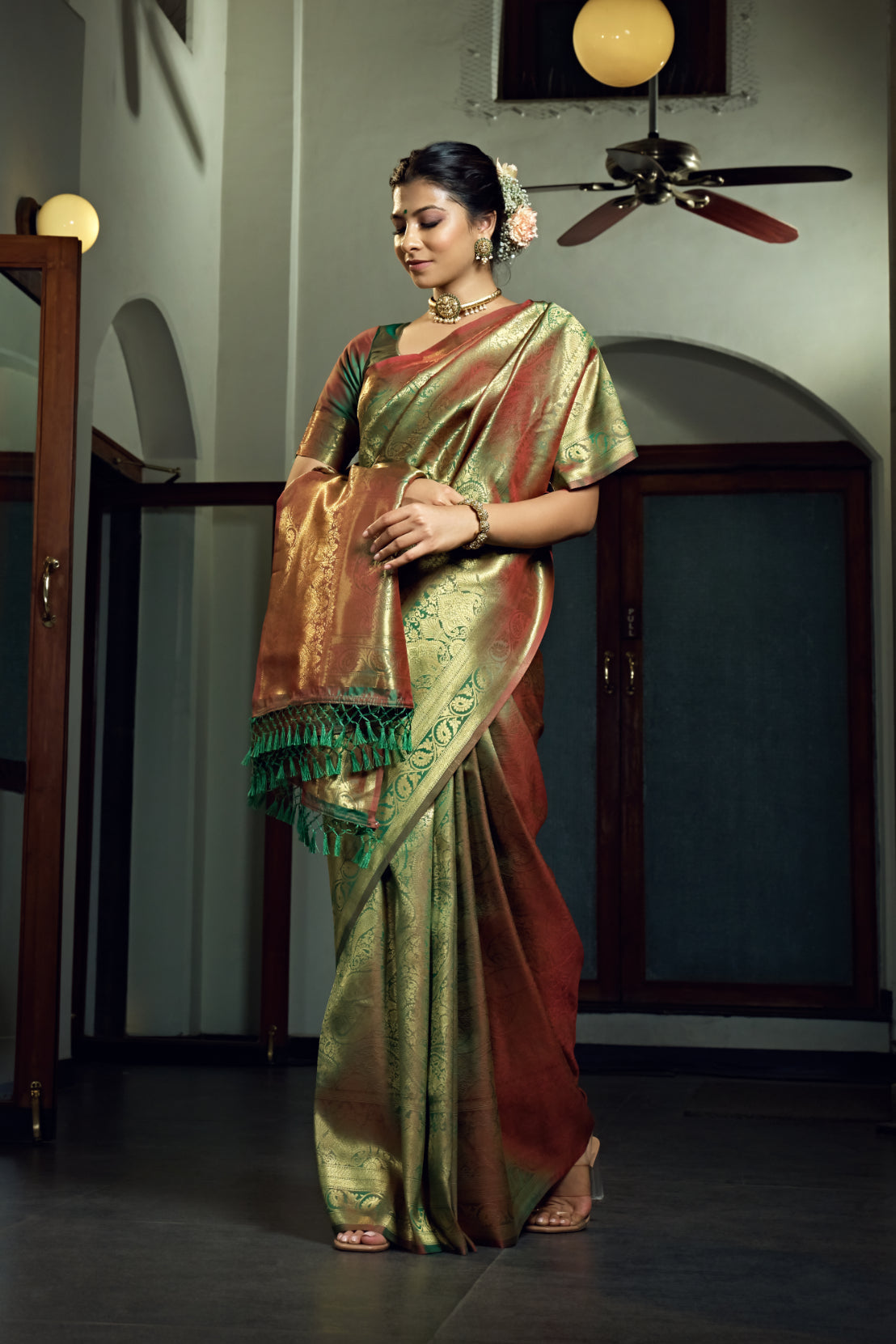 Vardha Olive Green Zari Work Kanjeevaram Silk Saree | Grocsy
