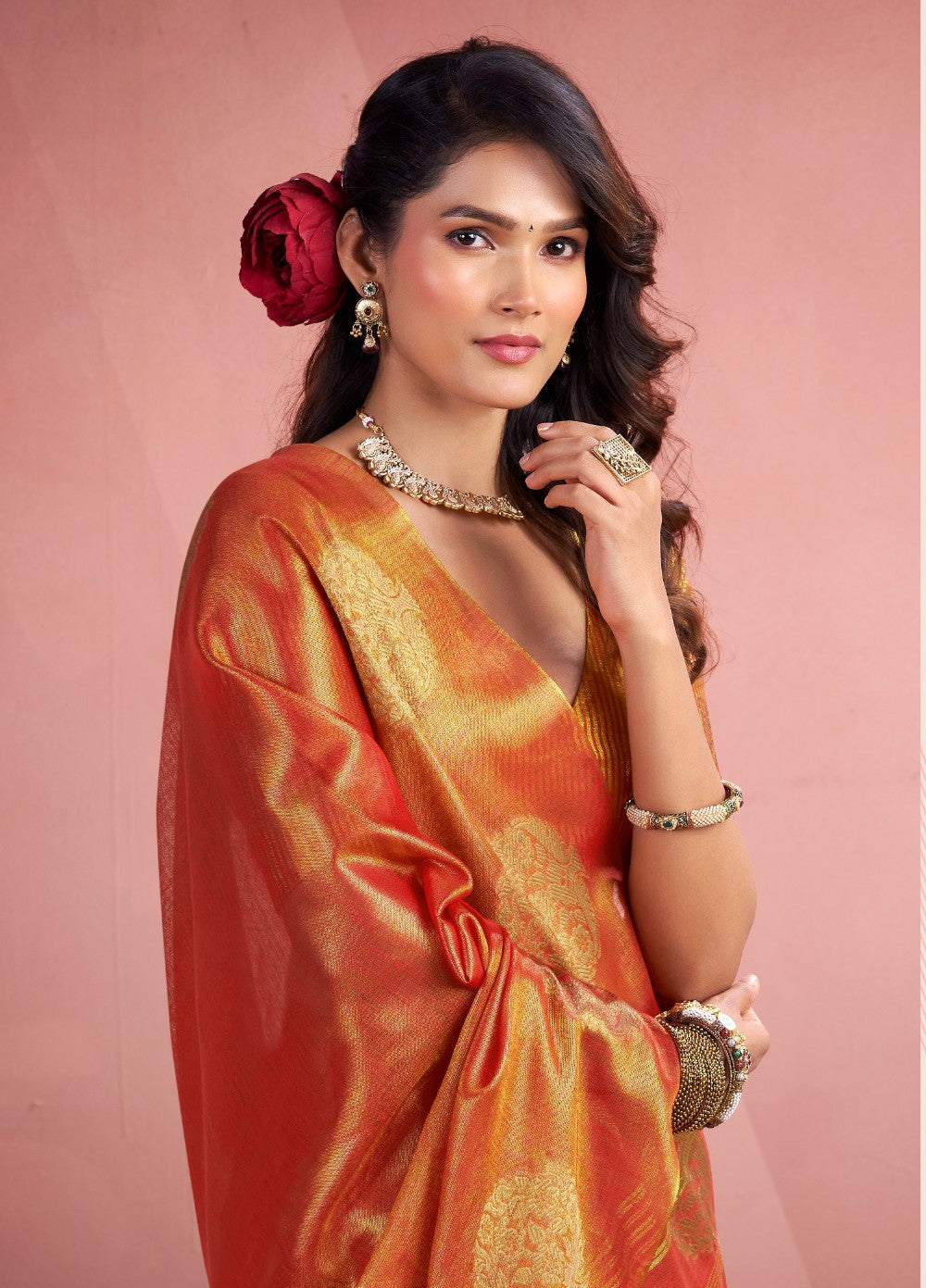 Anaita Orange Silk Tissue Zari Weaving Work Saree With Blouse Piece | Grocsy
