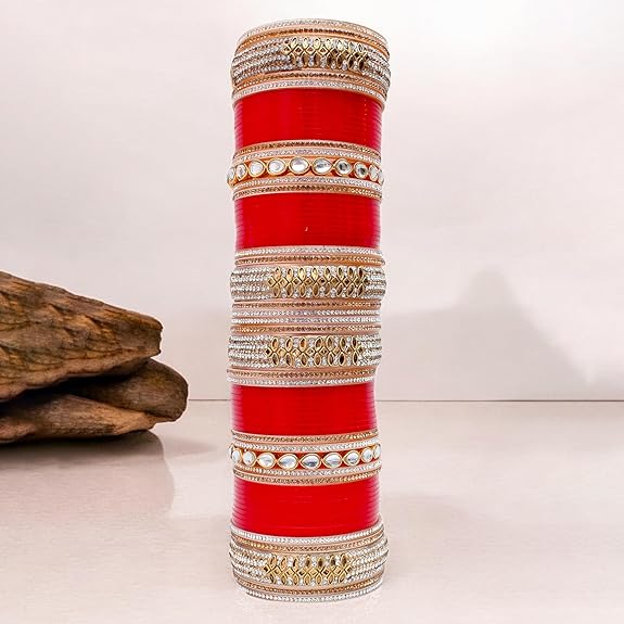 Tehzeeb Creations Bridal Bangle Set Red Designer White Kundan & Golden Stone Dulhan Chuda Fashion Punjabi Choora Wedding Chura For Women | Grocsy