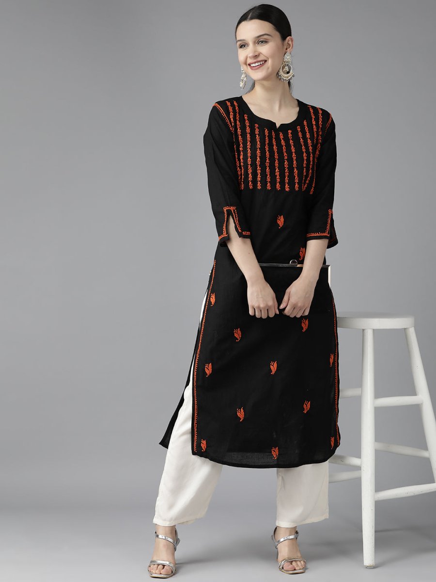 ADA Women Black & Orange Ethnic Motifs Embroidered Chikankari Kurta | Grocsy