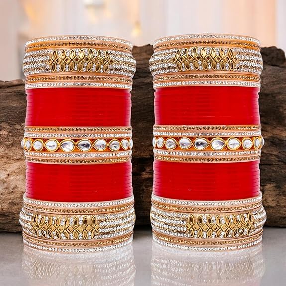 Tehzeeb Creations Bridal Bangle Set Red Designer White Kundan & Golden Stone Dulhan Chuda Fashion Punjabi Choora Wedding Chura For Women | Grocsy
