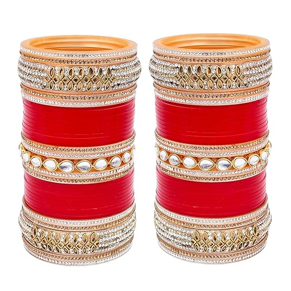 Tehzeeb Creations Bridal Bangle Set Red Designer White Kundan & Golden Stone Dulhan Chuda Fashion Punjabi Choora Wedding Chura For Women | Grocsy