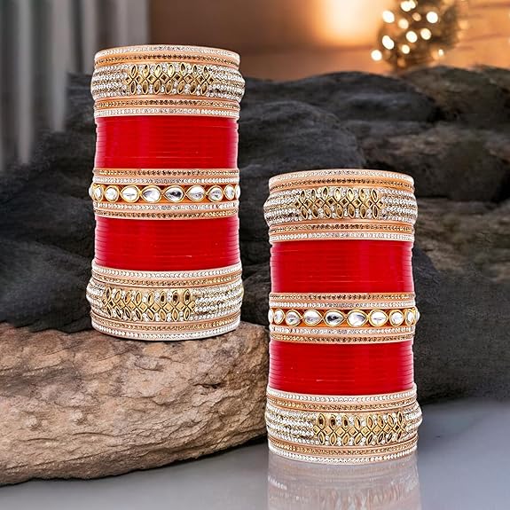 Tehzeeb Creations Bridal Bangle Set Red Designer White Kundan & Golden Stone Dulhan Chuda Fashion Punjabi Choora Wedding Chura For Women | Grocsy