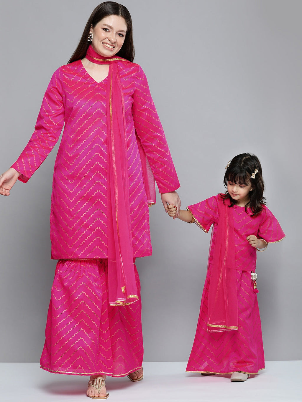 HERE&NOW Women Pink Ethnic Motifs Printed Gotta Patti Kurta with Sharara With Dupatta | Grocsy