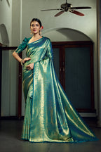 Vardha Teal Green Golden Zari Paisleys With Jaal Kanjeevaram Silk Saree | Grocsy