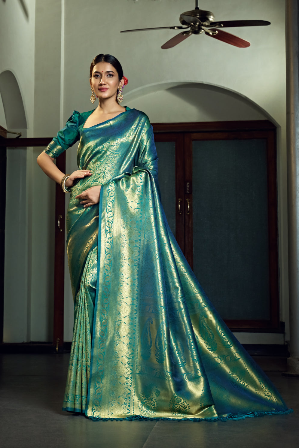 Vardha Teal Green Golden Zari Paisleys With Jaal Kanjeevaram Silk Saree | Grocsy