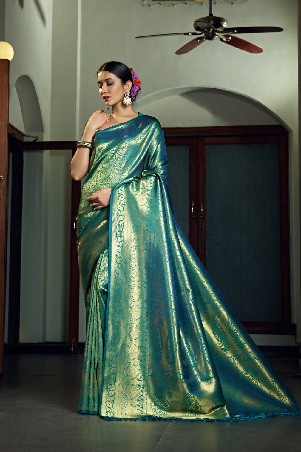Vardha Teal Green Golden Zari Paisleys With Jaal Kanjeevaram Silk Saree | Grocsy