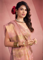 Anaita Baby Pink Silk Tissue Zari Weaving Work Saree With Blouse Piece | Grocsy