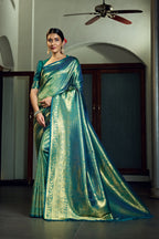 Vardha Teal Green Golden Zari Paisleys With Jaal Kanjeevaram Silk Saree | Grocsy