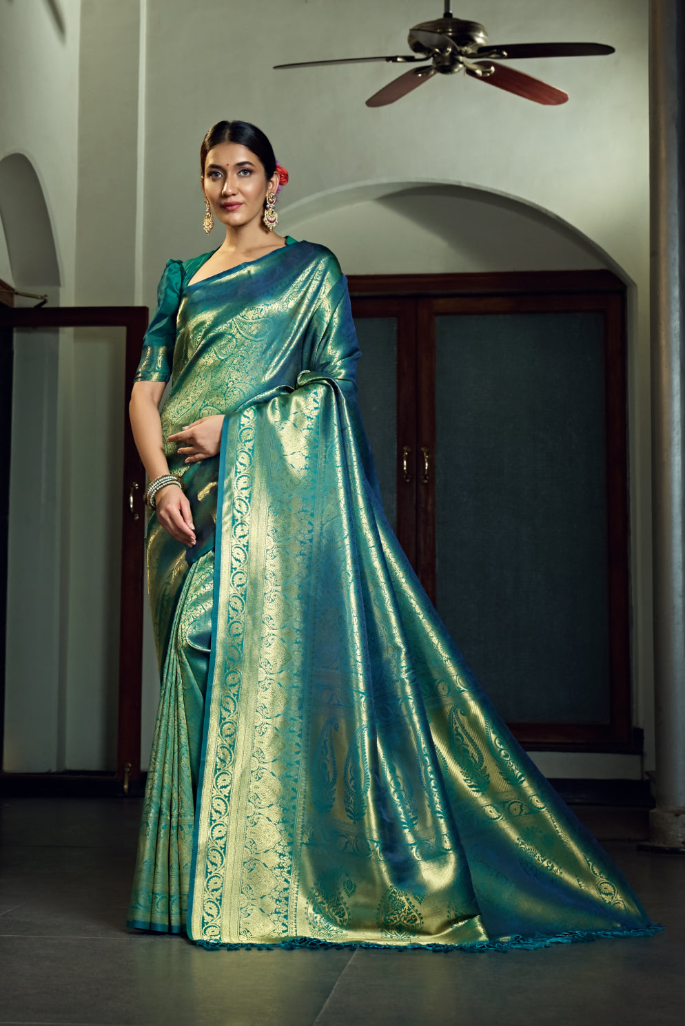 Vardha Teal Green Golden Zari Paisleys With Jaal Kanjeevaram Silk Saree | Grocsy