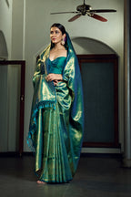 Vardha Teal Green Golden Zari Paisleys With Jaal Kanjeevaram Silk Saree | Grocsy