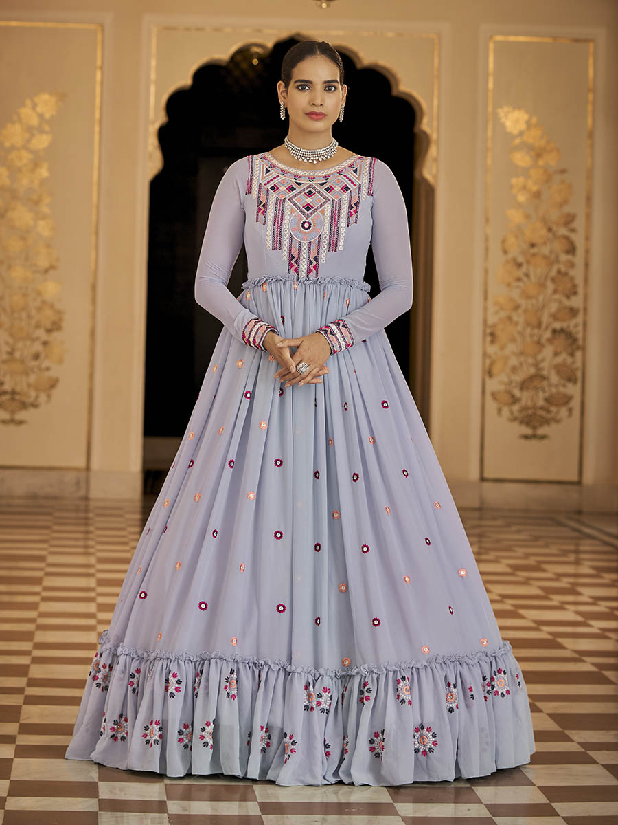 Myra Light Blue Georgette Embroidered Gown | Grocsy