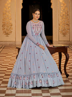 Myra Light Blue Georgette Embroidered Gown | Grocsy