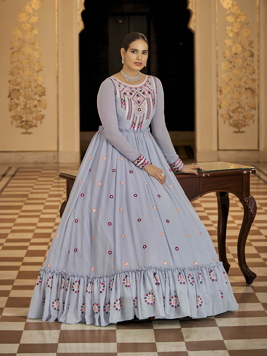 Myra Light Blue Georgette Embroidered Gown | Grocsy