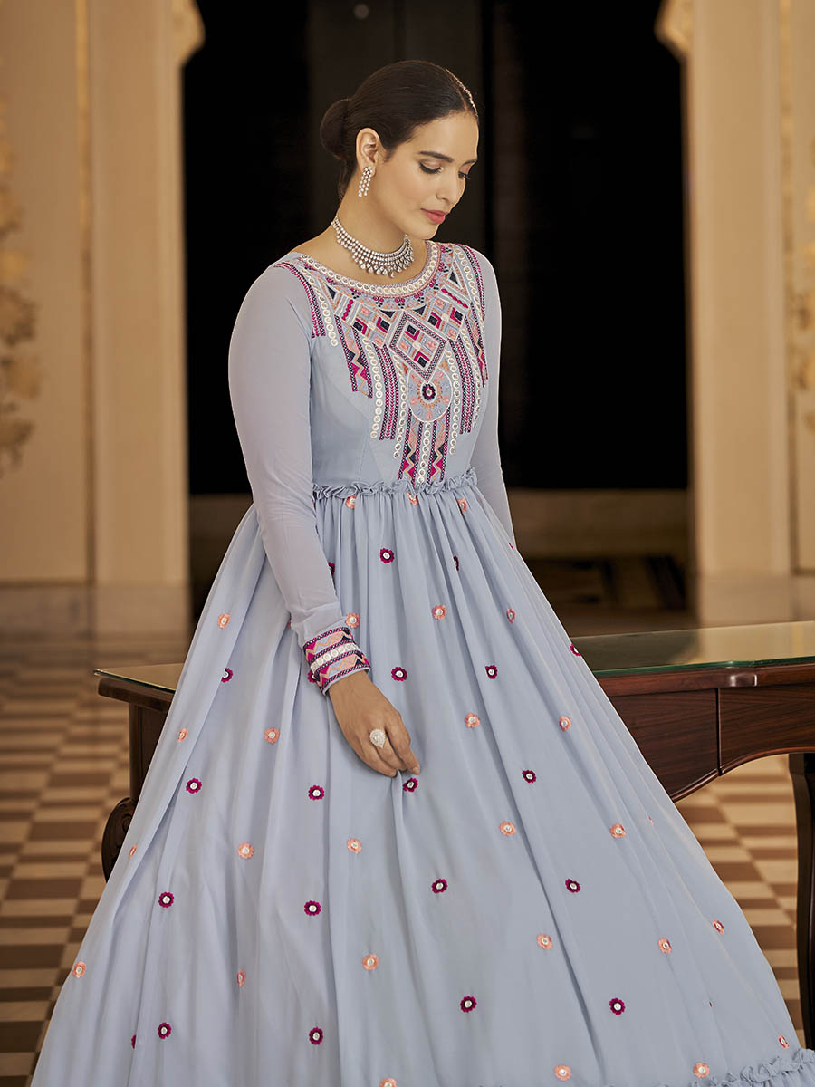 Myra Light Blue Georgette Embroidered Gown | Grocsy
