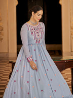 Myra Light Blue Georgette Embroidered Gown | Grocsy