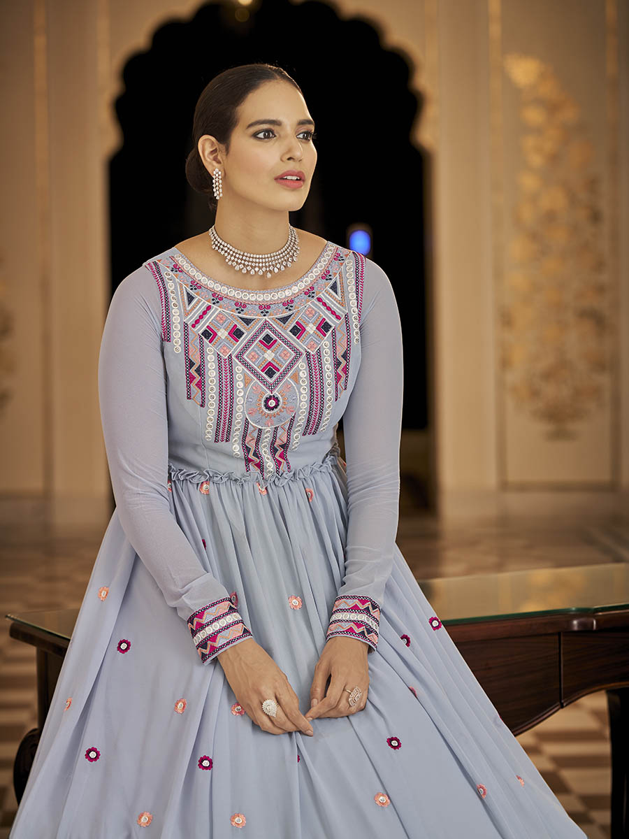 Myra Light Blue Georgette Embroidered Gown | Grocsy