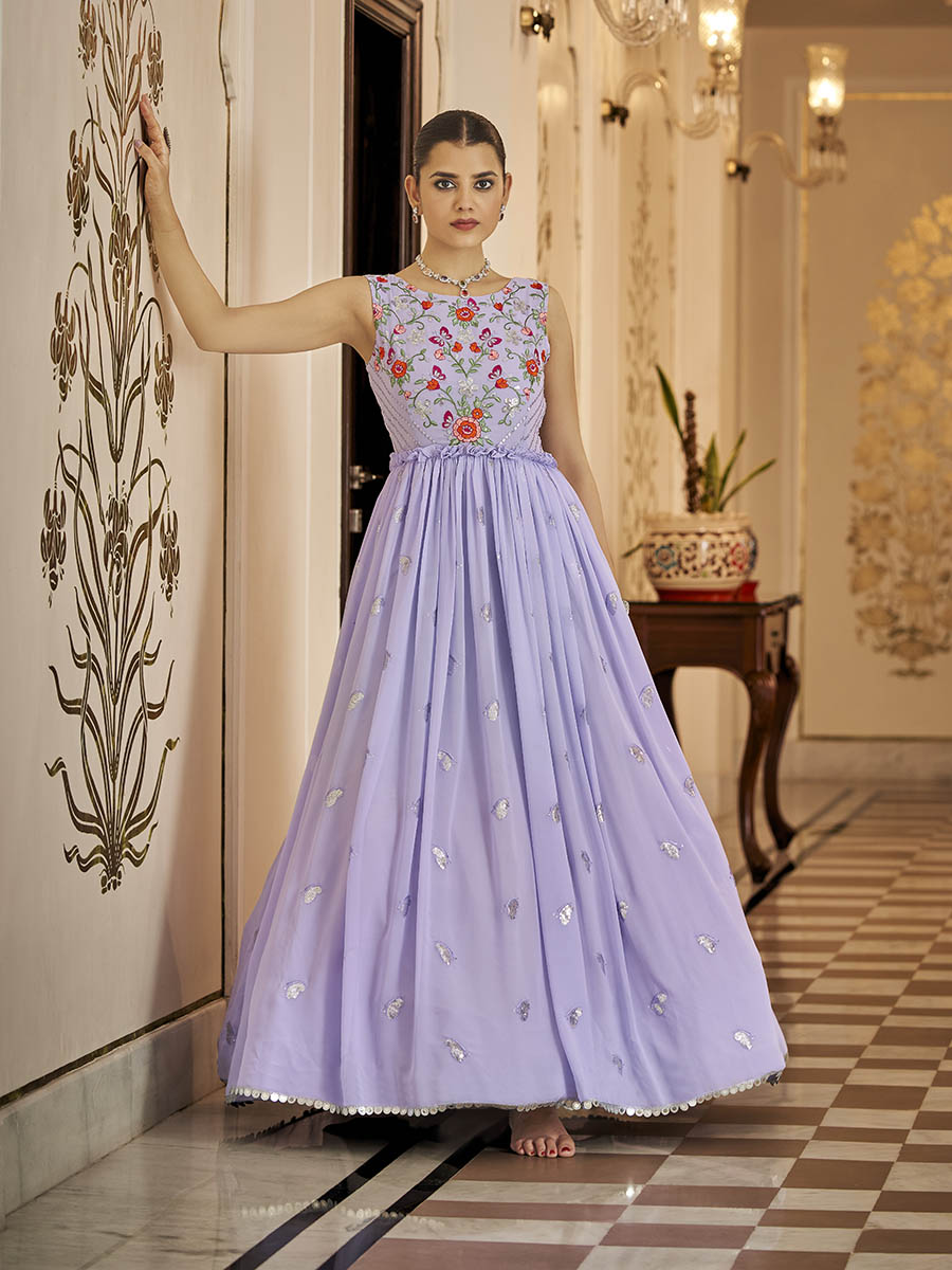 Myra Lavender Georgette Embroidered Gown | Grocsy