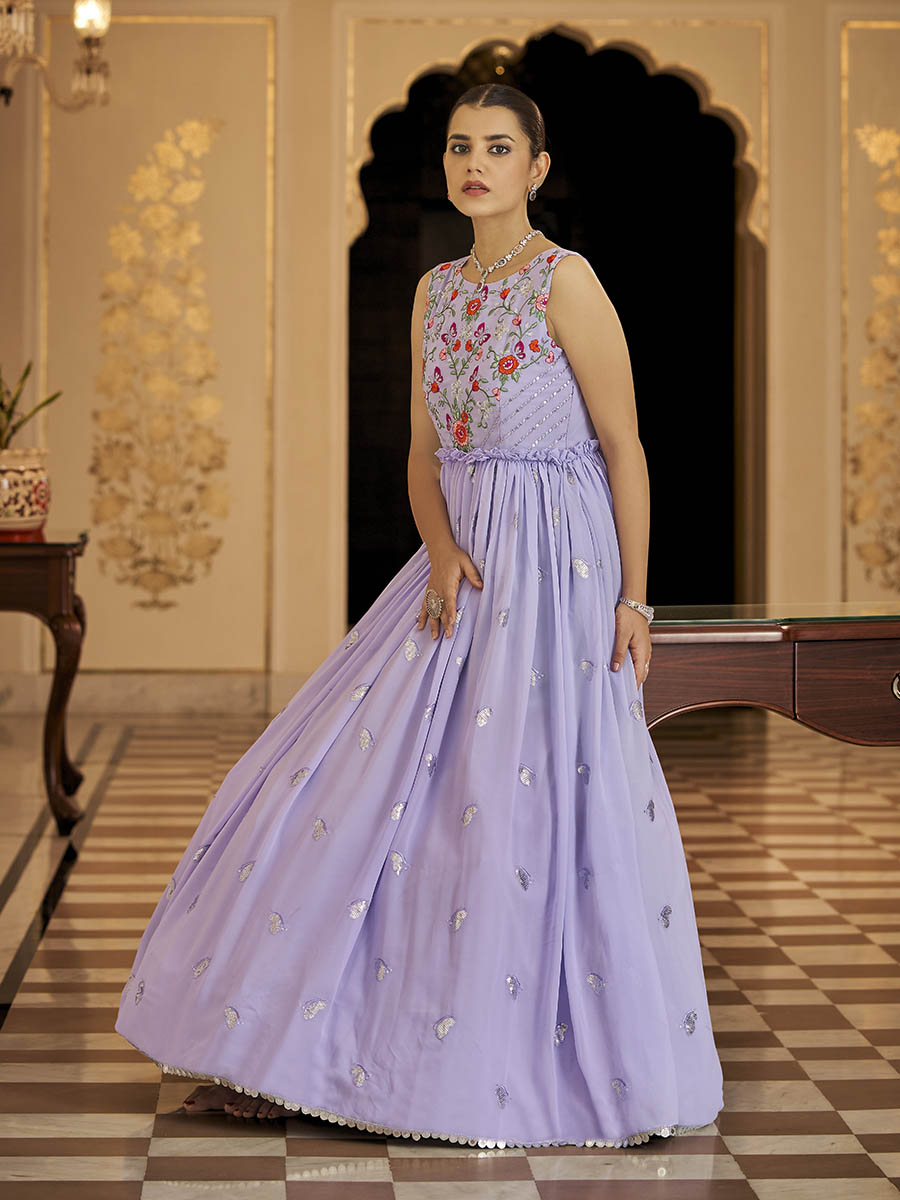 Myra Lavender Georgette Embroidered Gown | Grocsy